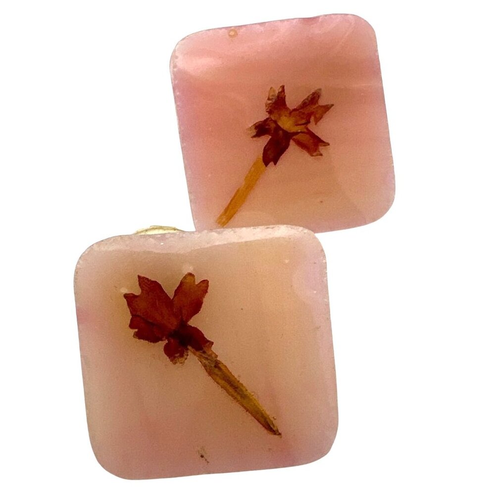 Vintage Square Pink Rose Quartz Earrings Pressed Flower Design Statement